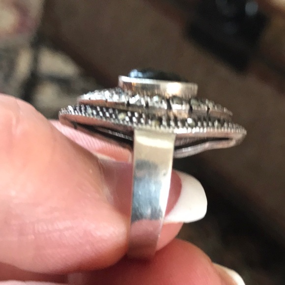 Art Deco Onyx and Marcasite Sterling Silver Ring - Picture 2 of 7